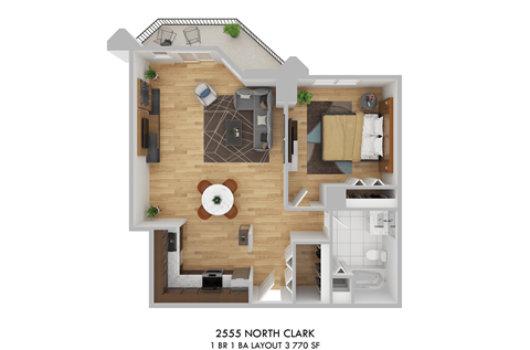 Floor plan for 1 bed, 1 bath, 770 sqft
